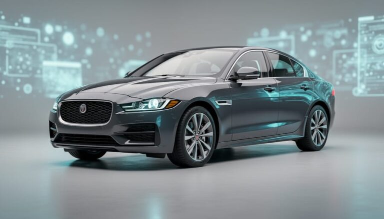 Glossy graphite-gray sports sedan in a studio, three-quarter front view with soft rim lighting, clean reflections, and blurred light panels hinting at AI enhancement