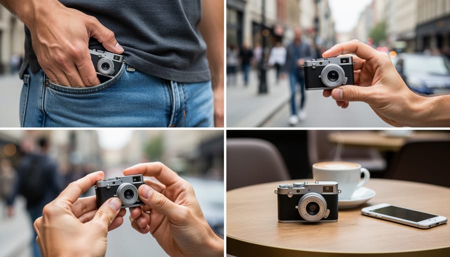 Close-up of hands holding an ultra compact fixed-lens camera in a café setting