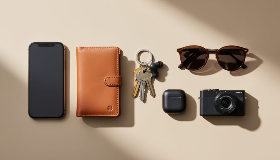 Ultra compact camera resting in an open jacket pocket beside keys and a smartphone