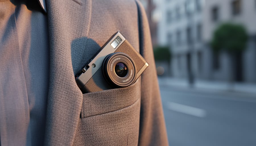 An ultra-compact camera partially visible in a jacket pocket, with its lens facing outward and a softly blurred outdoor background.