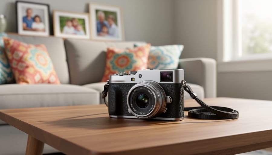 A compact camera on a shelf in a cozy living room with soft-focus family activity in the background.