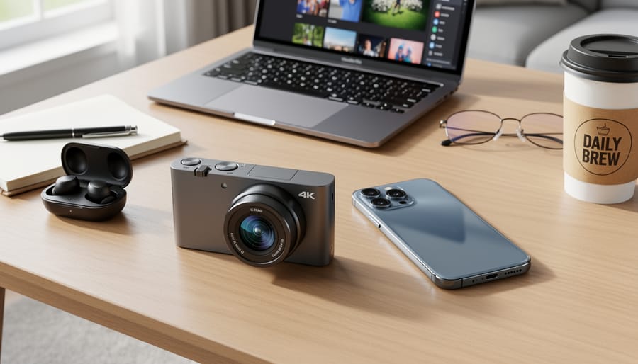 A compact camera placed on a café table next to a smartphone and small tripod.