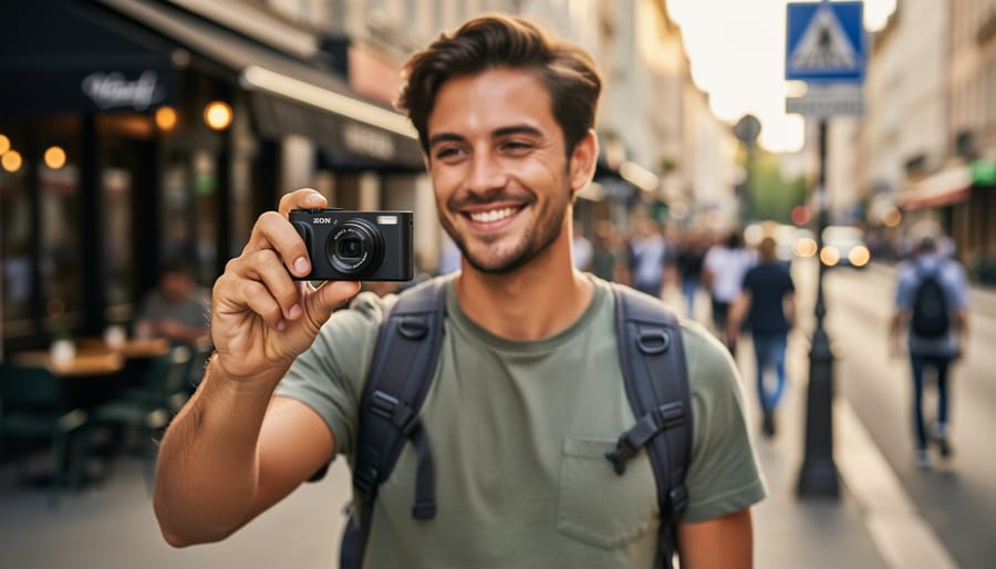A person holding a compact camera while recording video during a daytime outing.