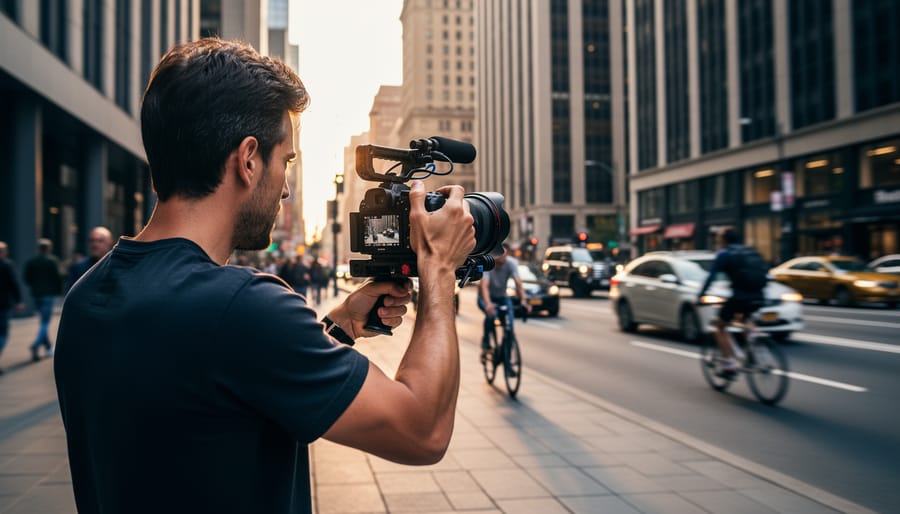 A person holds a compact camera toward a street performer during golden hour lighting.