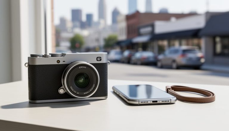 Close-up of a compact camera and smartphone on a tabletop in soft daylight, with a blurred city scene in the background.