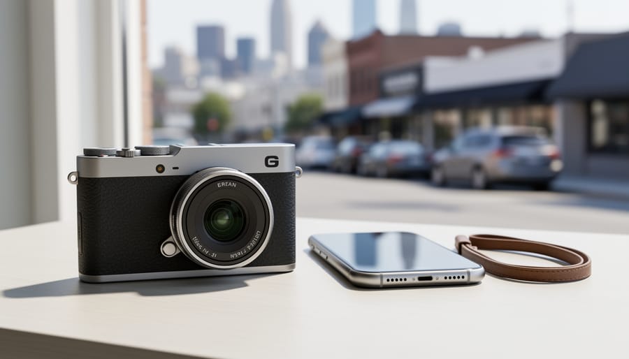 Close-up of a compact camera and smartphone on a tabletop in soft daylight, with a blurred city scene in the background.