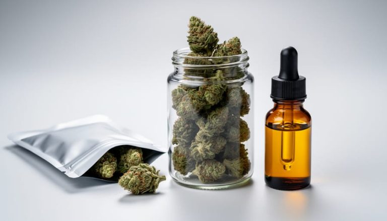 Close-up studio still-life of hemp-derived cannabis products, including a glass jar of buds, a mylar pouch, and a dropper bottle on a clean light-gray background.