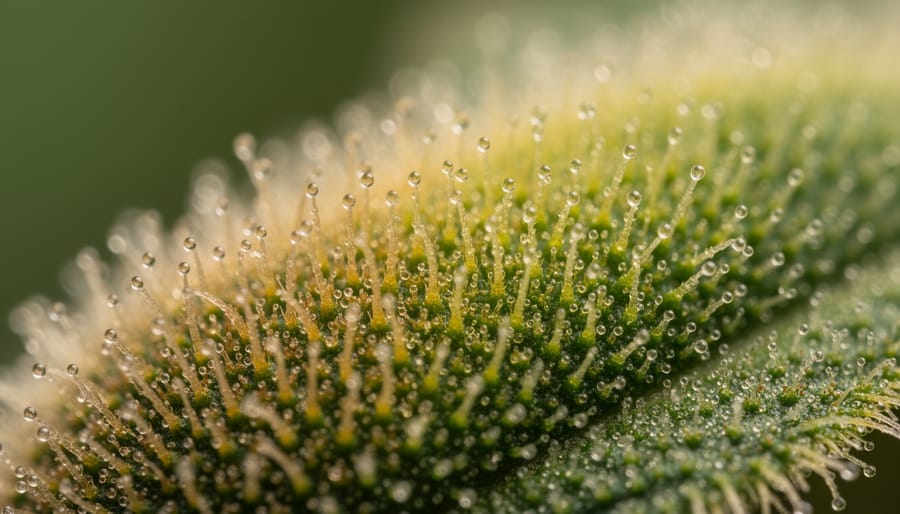 Macro close-up showing hemp cannabis bud trichomes and amber pistils with crisp texture and soft background blur