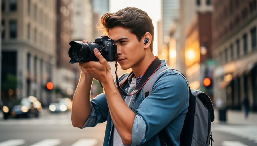 Photographer adjusting a camera while using Sony WF-C510 truly wireless earbuds outdoors