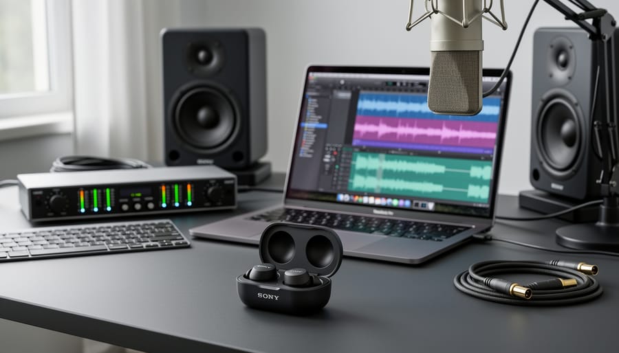 Sony WF-C510 earbuds next to a laptop and microphone on a creator desk