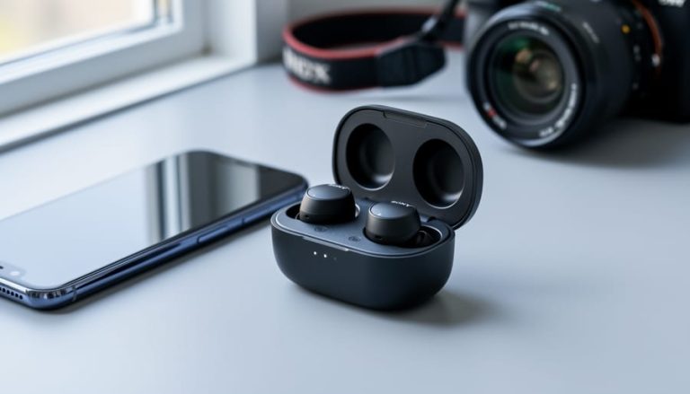 “Sony WF-C510 earbuds open in their charging case on a desk next to a smartphone, with camera gear softly blurred in the background.”
