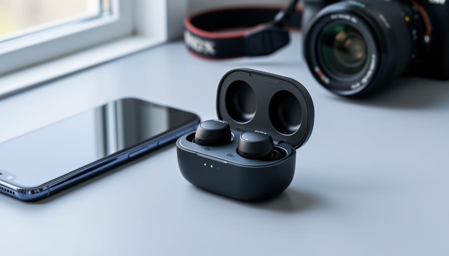 “Sony WF-C510 earbuds open in their charging case on a desk next to a smartphone, with camera gear softly blurred in the background.”