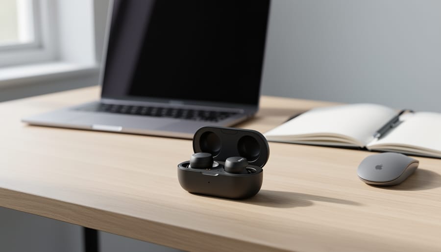 Sony WF-C510 earbuds resting in an open charging case on a desk with a smartphone nearby