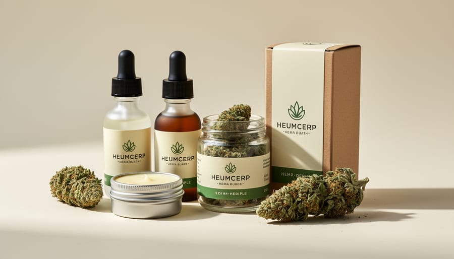 Still life of hemp-derived cannabis products including a glass jar of buds, a mylar pouch, and a dropper bottle under soft studio lighting