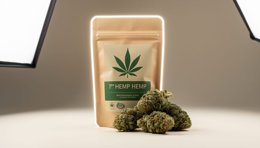 Studio product photo of a hemp cannabis jar on a turntable with controlled lighting and minimal reflections