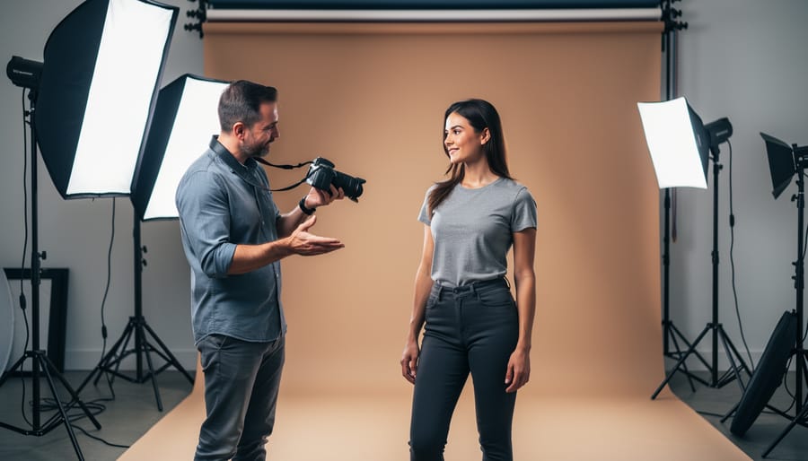 Portrait photographer guiding a model in a studio with a softbox lighting setup for a portrait photography course lesson.