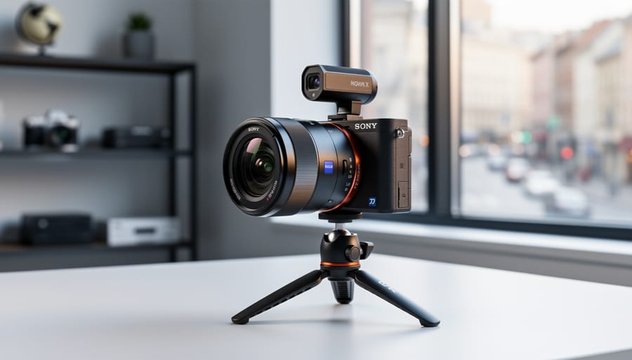 Entry-level video camera on a tripod with an external microphone accessory in a bright home studio setting.