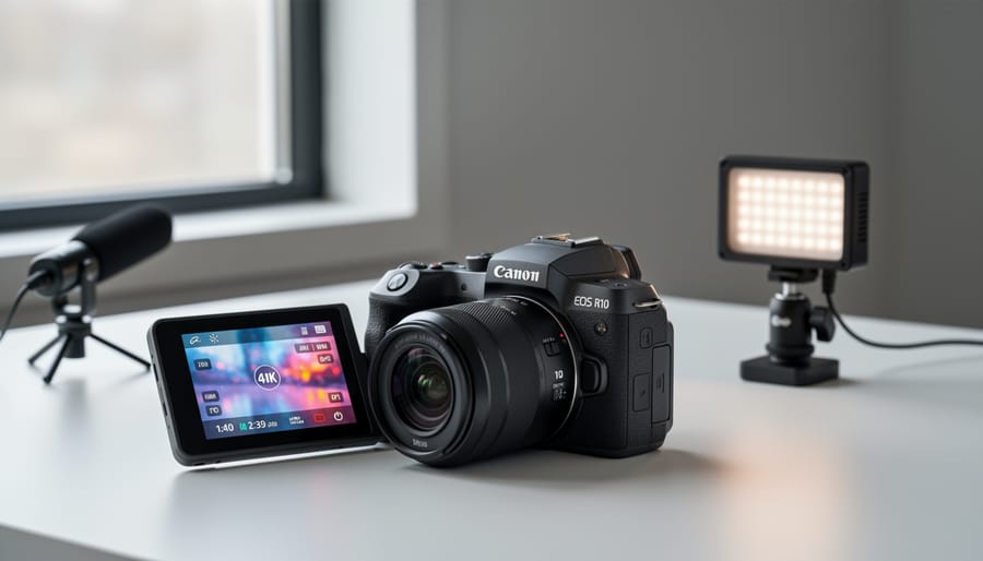 Canon EOS R10 camera mounted on a tripod with zoom lens under studio lighting