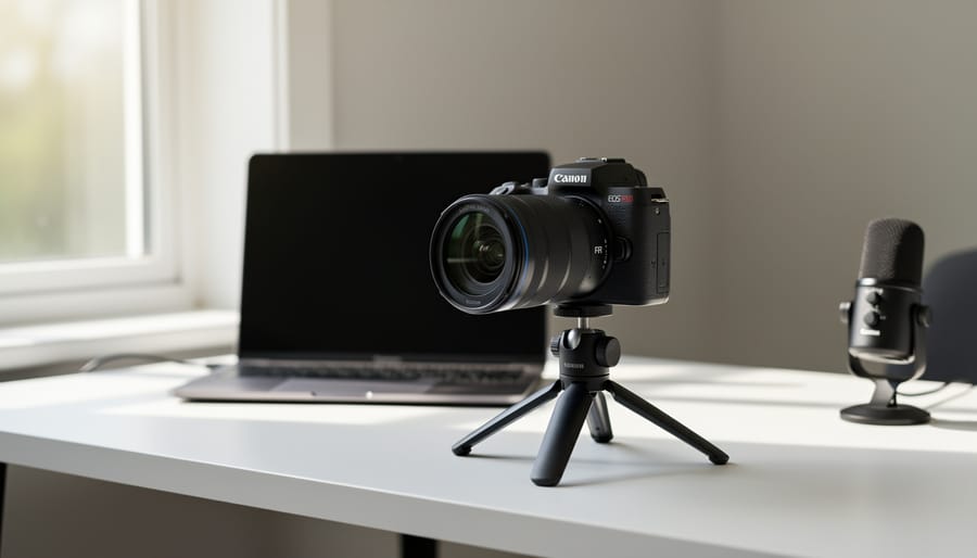 Canon EOS R50 camera on a desk with lenses in soft natural daylight
