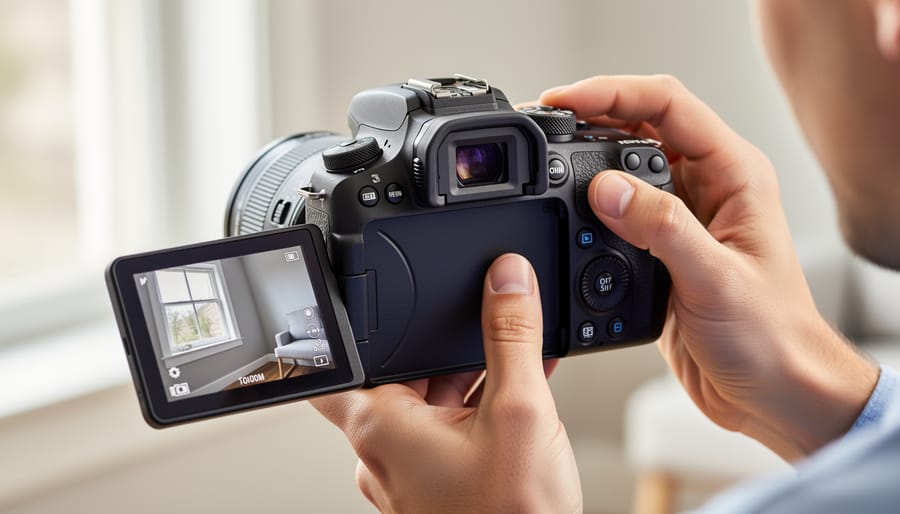 Hands adjusting a Canon EOS Rebel SL3 DSLR while looking through the viewfinder.