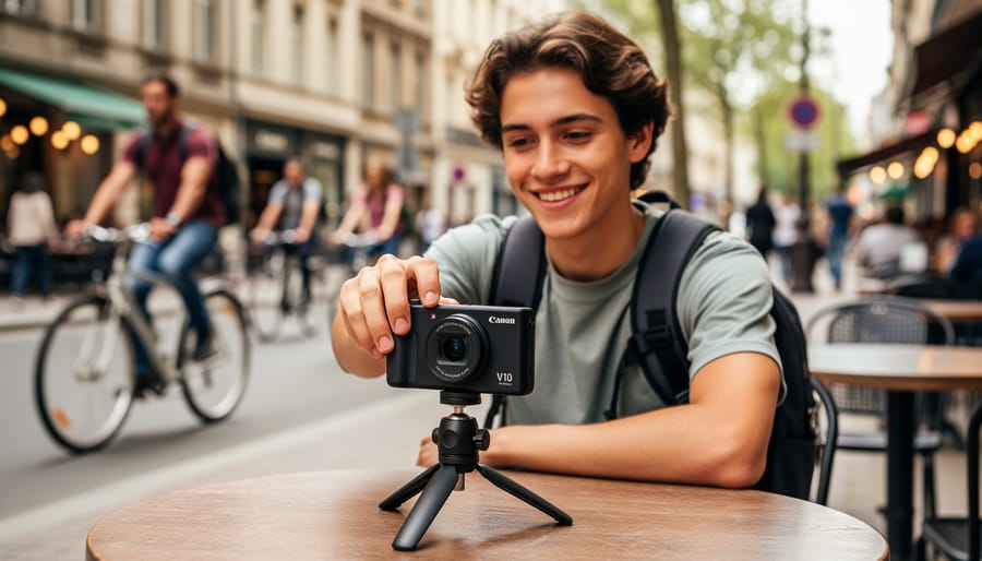 Person holding a Canon PowerShot V10 while filming outdoors on a busy street.