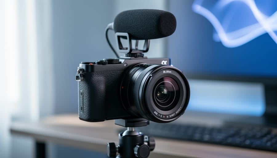 A mirrorless video camera on a tripod with a mounted microphone, photographed in a softly lit creator workspace with blurred background elements.