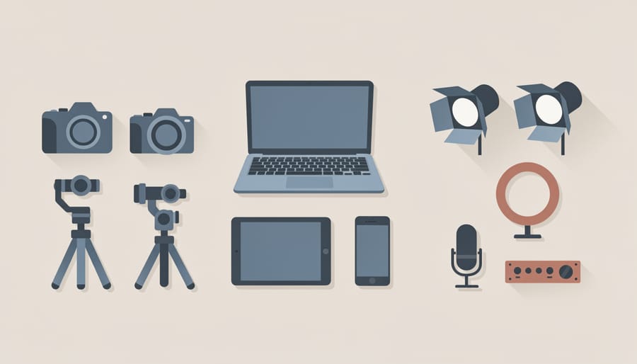 A creator’s desk setup with multiple camera shapes and a notebook representing entry-level video camera choices.