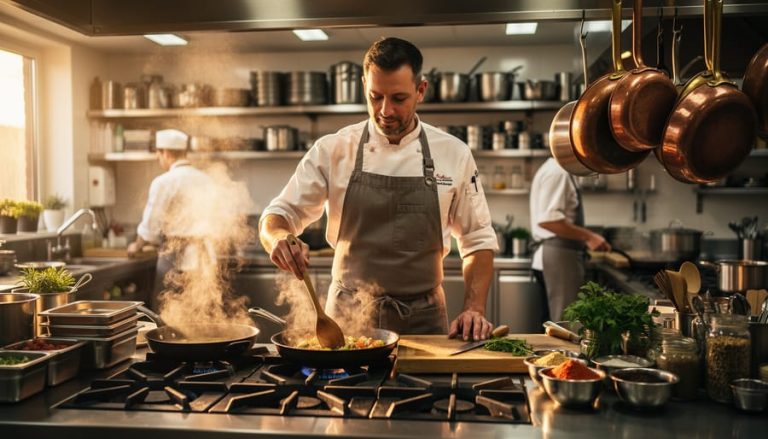 Chef in a warmly lit kitchen captured in a wide environmental portrait with kitchen tools and ingredients visible around them.