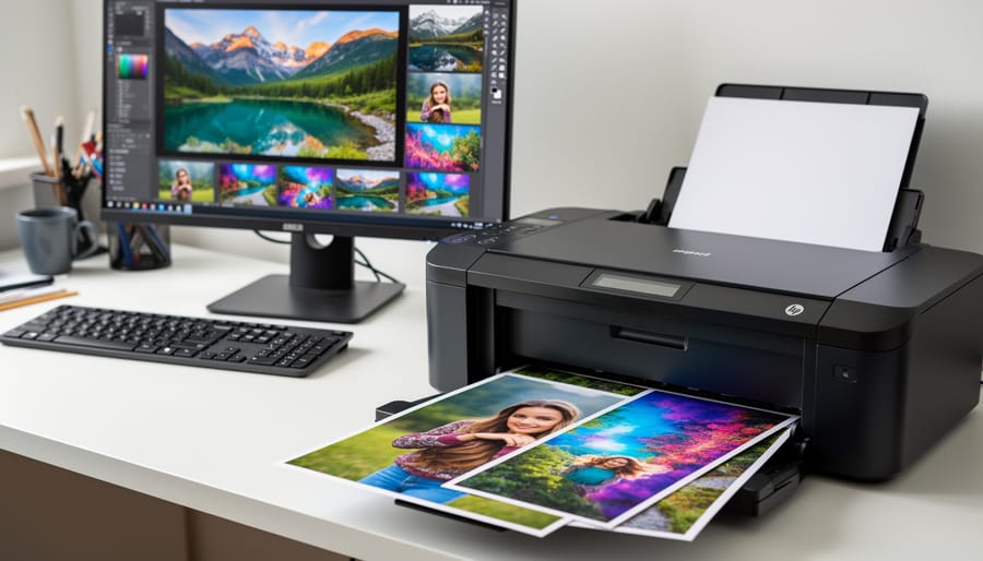 Photographer’s hands beside a stack of freshly printed photos