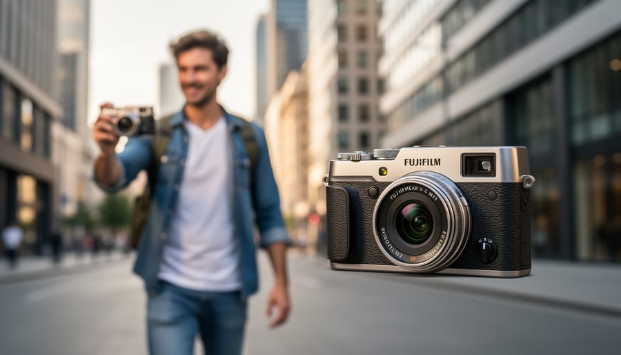 Fujifilm X-M5 being removed from a small travel bag in golden hour light