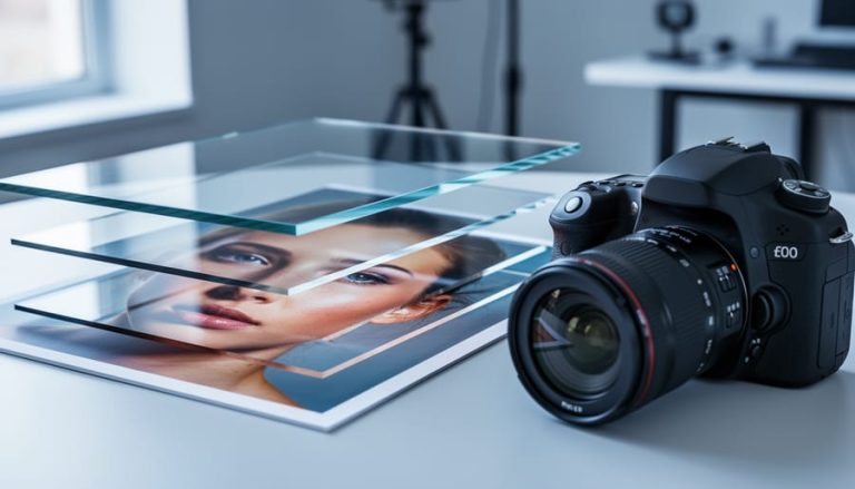 A DSLR camera with semi-transparent glass-like refracted layers suggesting layer-based photo editing in GIMP.