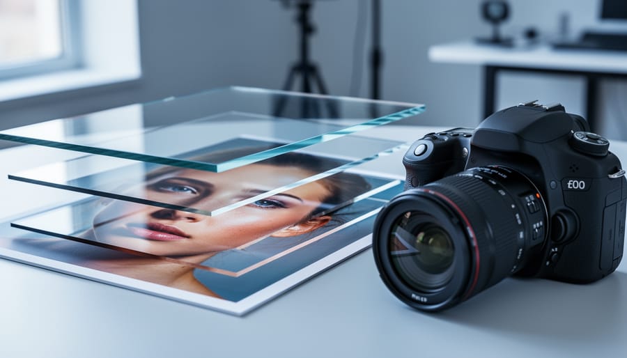 A DSLR camera with semi-transparent glass-like refracted layers suggesting layer-based photo editing in GIMP.