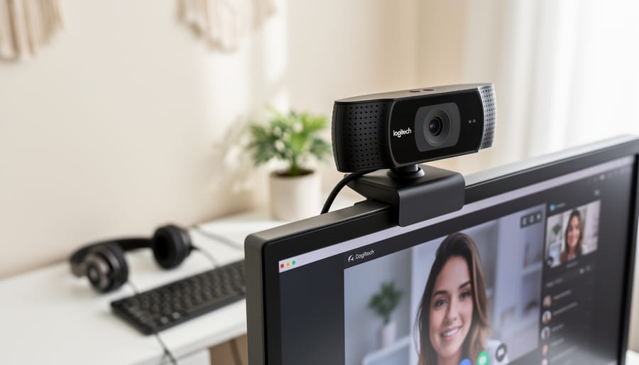 Logitech C922 webcam mounted on a computer monitor in a home office setup.
