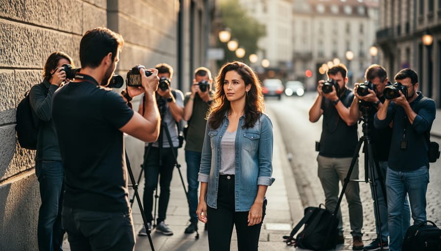 On-location portrait session during golden hour with a photographer guiding subjects in a park.