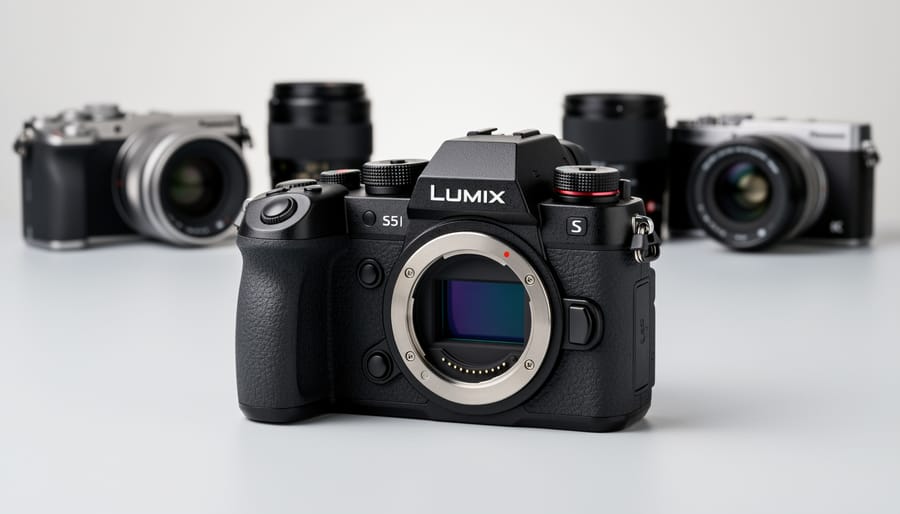 Panasonic LUMIX S5 II camera on a rig on a dark tabletop under soft studio lighting