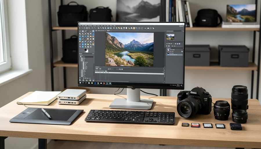 Laptop and DSLR camera on a photographer’s desk with memory cards and camera accessories