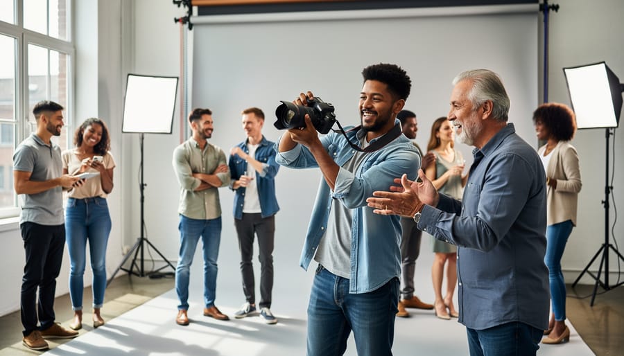 A photographer directing a portrait model in a studio while using studio lighting and a reflector.