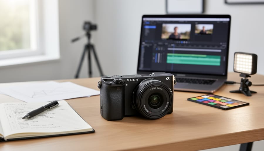 Sony α6400 camera held on a grip in a warmly lit indoor room