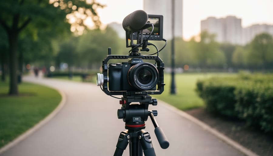 Sony α6700 camera on a stabilizer operated at a scenic river overlook