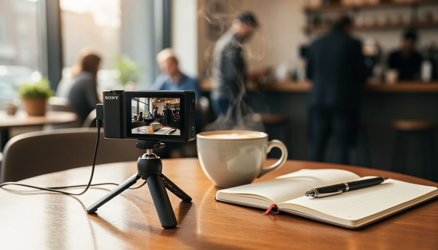 Sony ZV-1F camera on a café table with coffee and a small LED light.