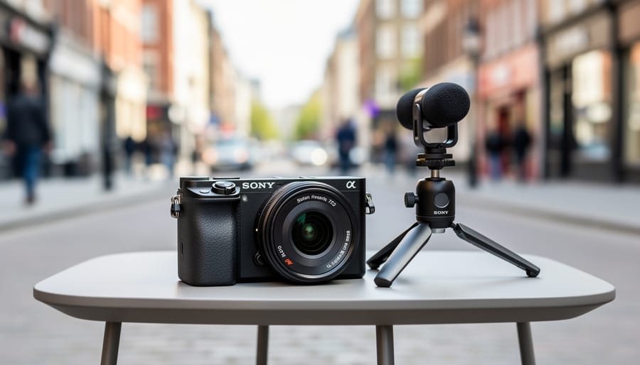 Sony ZV-E10 camera being adjusted by a vlogger’s hands outdoors