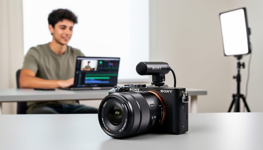 Sony ZV-E10 II camera on a tripod with microphone in a workshop setting