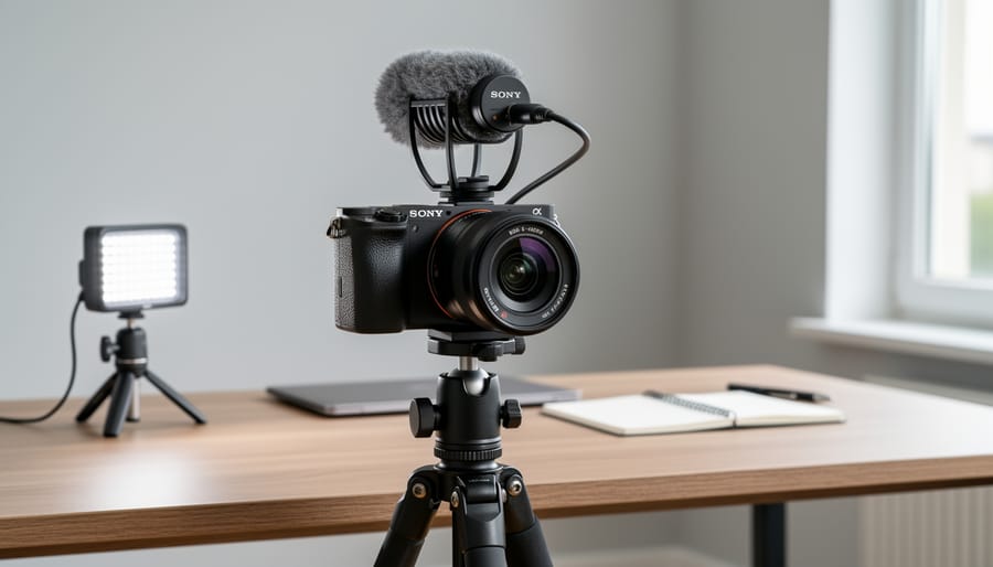 Close-up of a Sony ZV-E10 II on a tripod beside a microphone while a person reviews footage on the camera screen.