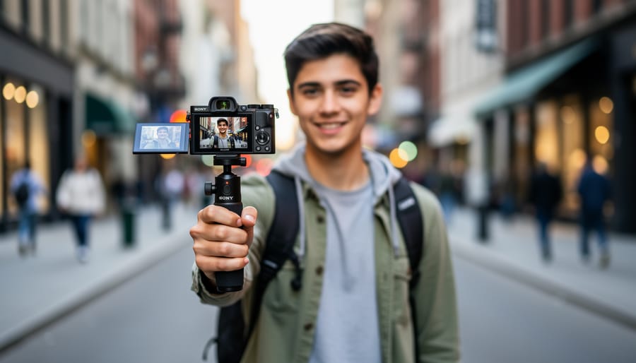 Person vlogging while holding a Sony ZV-E10 camera with a small microphone accessory.