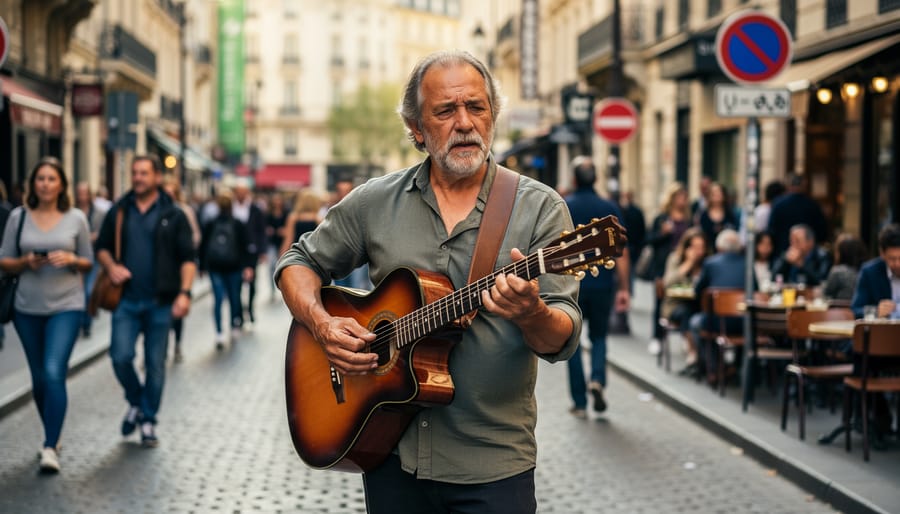 Street musician holding a guitar in a subway entrance with softly blurred commuters in the background.