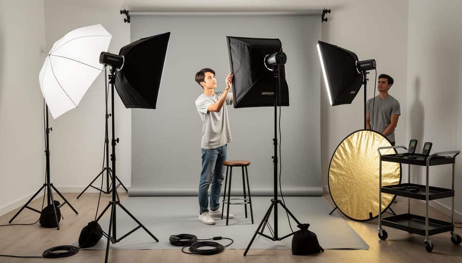 Portrait photography lighting gear, softbox, reflector, and camera setup, on stands in a studio.