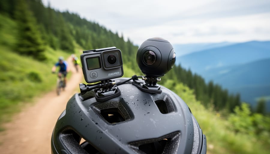 Action camera mounted on a helmet near a mountain bike trail, with blurred forest and outdoor scenery in the background.