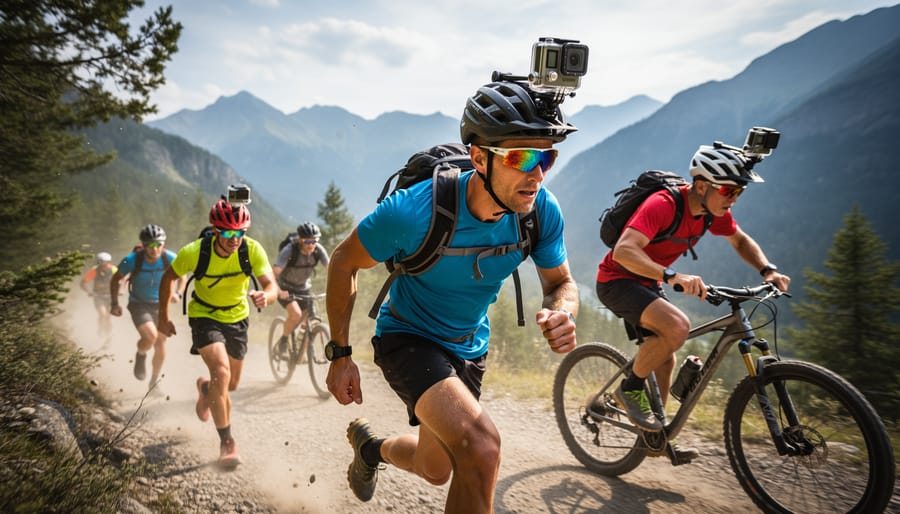 Cyclist and kayaker with helmets wearing action cameras mounted on their gear outdoors at golden hour