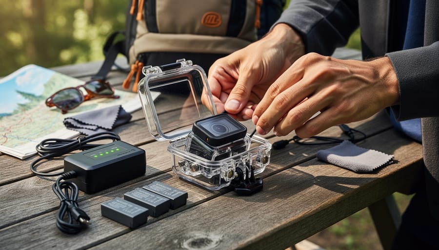 Close-up of hands adjusting a waterproof action camera housing and spare battery beside an open case on a picnic table