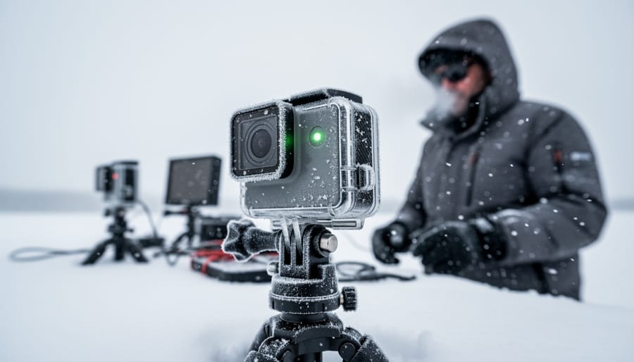 Person in winter gear with an action camera mounted on snowboard or helmet standing on snowy slope
